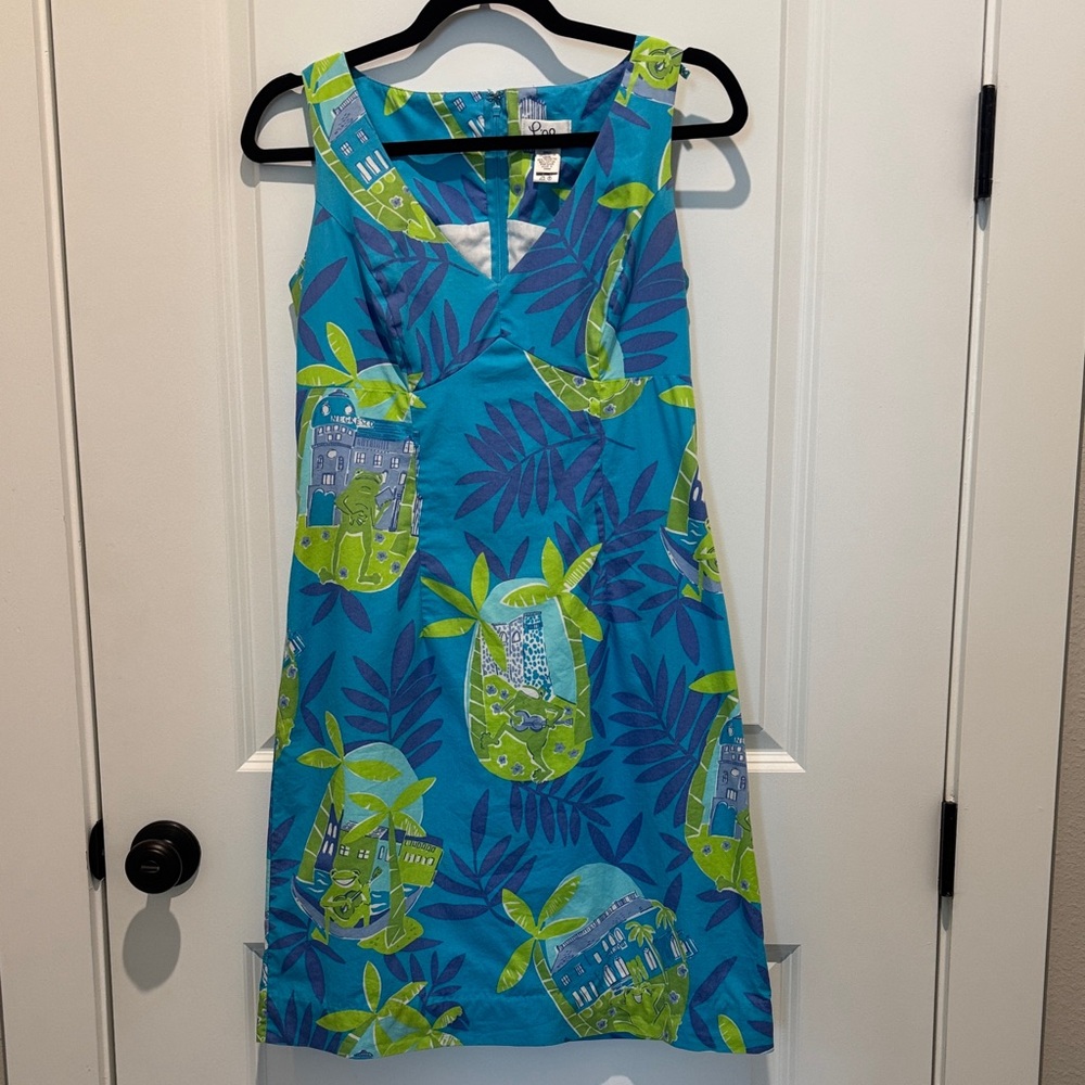 Vintage Lilly Pulitzer Blue and Green Frog Patterned Dress